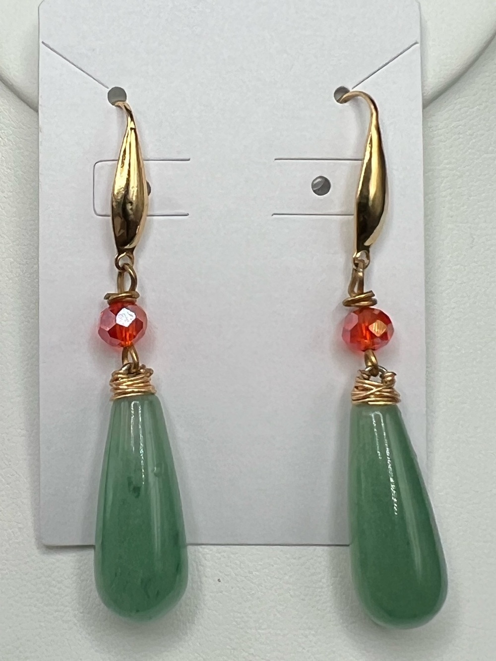 Aventurine Handmade Green Stone Teardrop Earrings Red Crystal